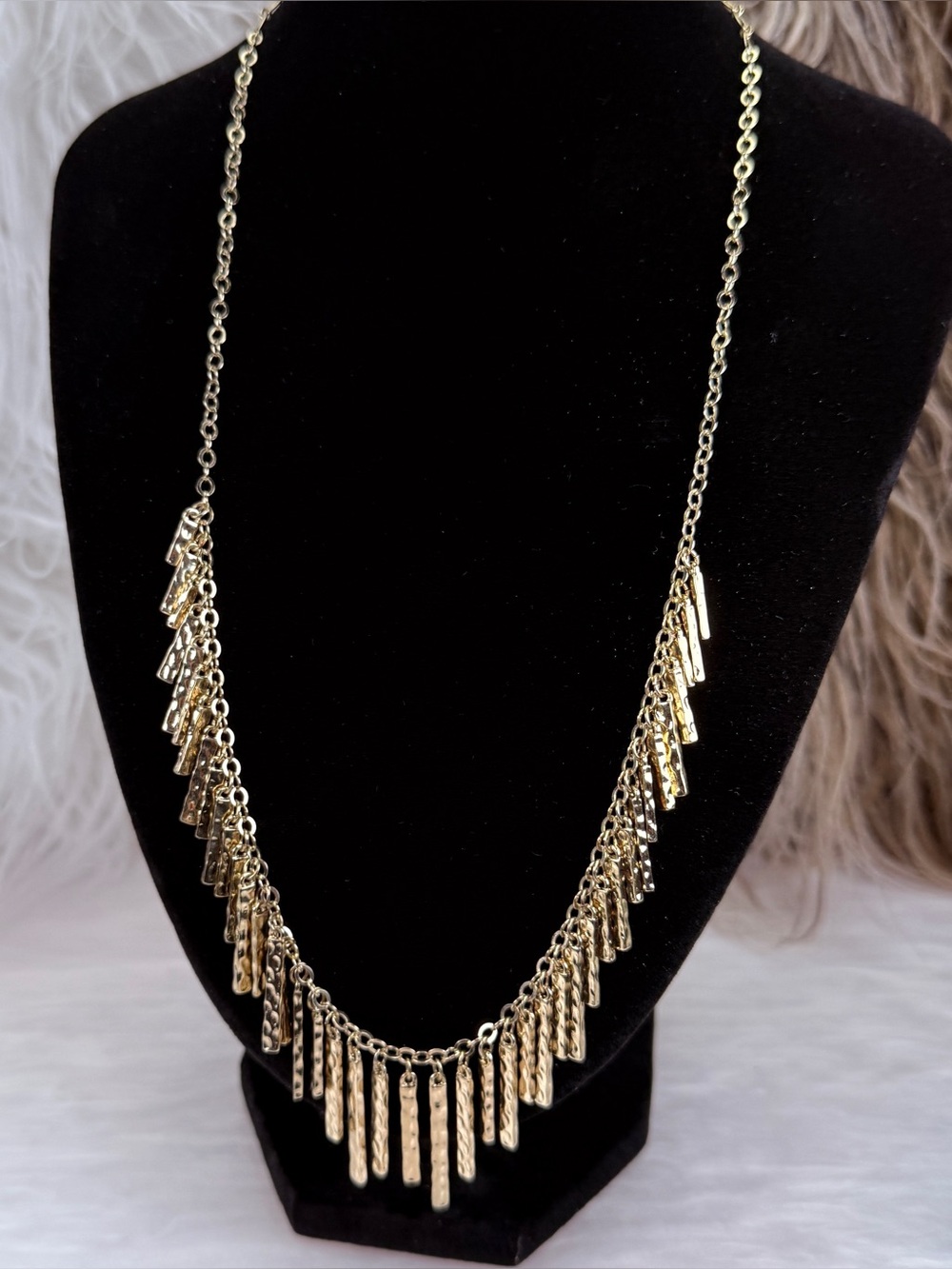 Hammered Gold Tone Fringe Bar Necklace Boho Bib Statement Adjustable Chain